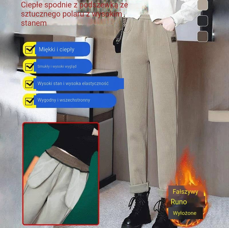 Ciepłe spodnie z wysokim stanem i wełnianą podszewką