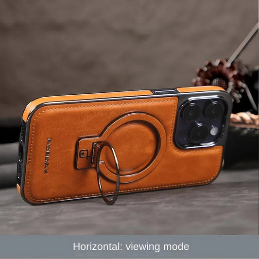 Luksusowe skórzane etui na iPhone'a z niewidoczną podstawką