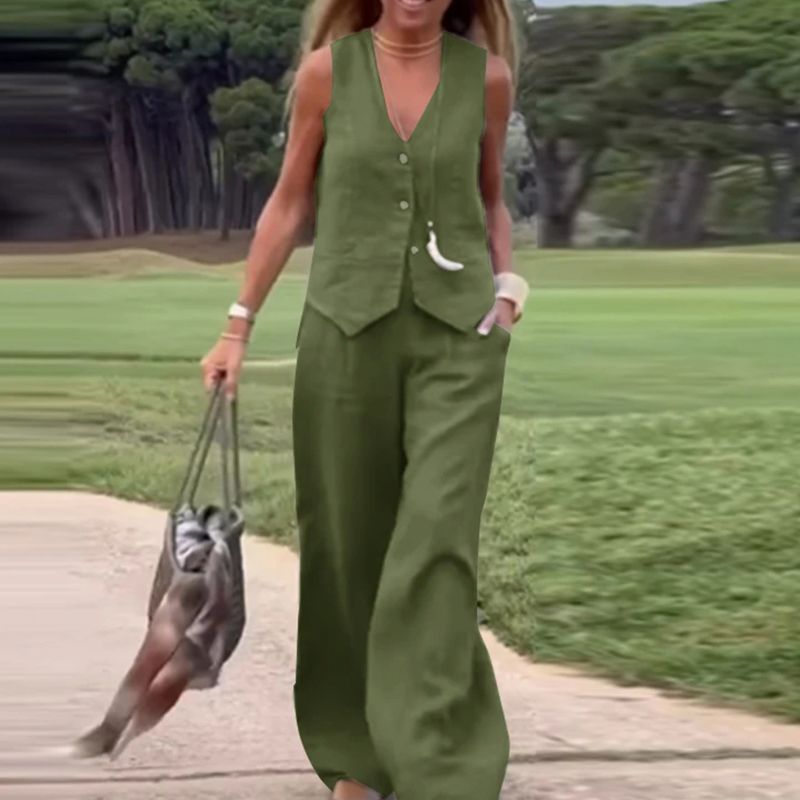 💕Zapinana na guziki kamizelka i spodnie z szerokimi nogawkami, dwuczęściowy strój damski