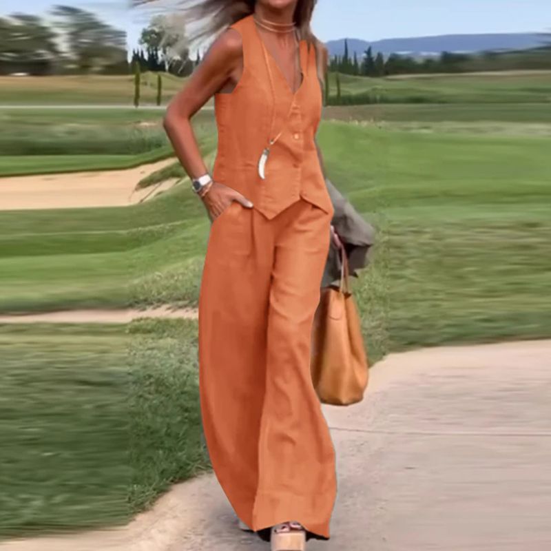 💕Zapinana na guziki kamizelka i spodnie z szerokimi nogawkami, dwuczęściowy strój damski