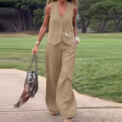 💕Zapinana na guziki kamizelka i spodnie z szerokimi nogawkami, dwuczęściowy strój damski