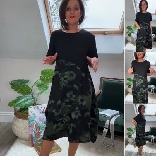 🌸Elegancka kieszonkowa sukienka z nadrukiem w liście z okrągłym dekoltem