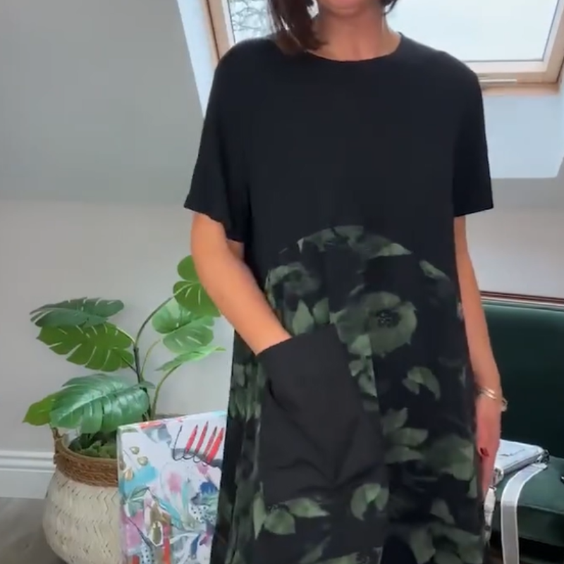 🌸Elegancka kieszonkowa sukienka z nadrukiem w liście z okrągłym dekoltem