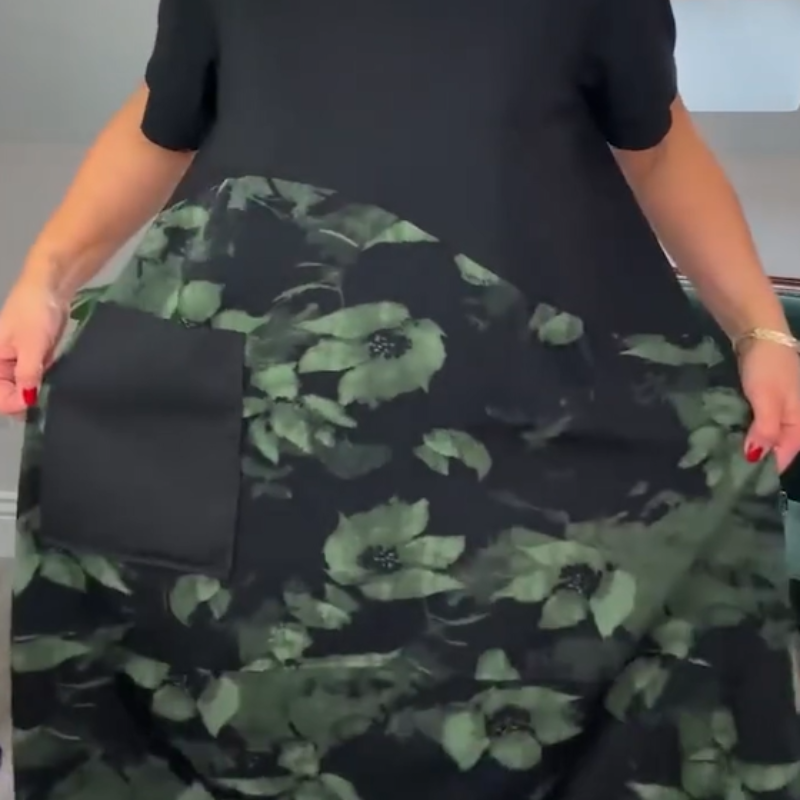 🌸Elegancka kieszonkowa sukienka z nadrukiem w liście z okrągłym dekoltem