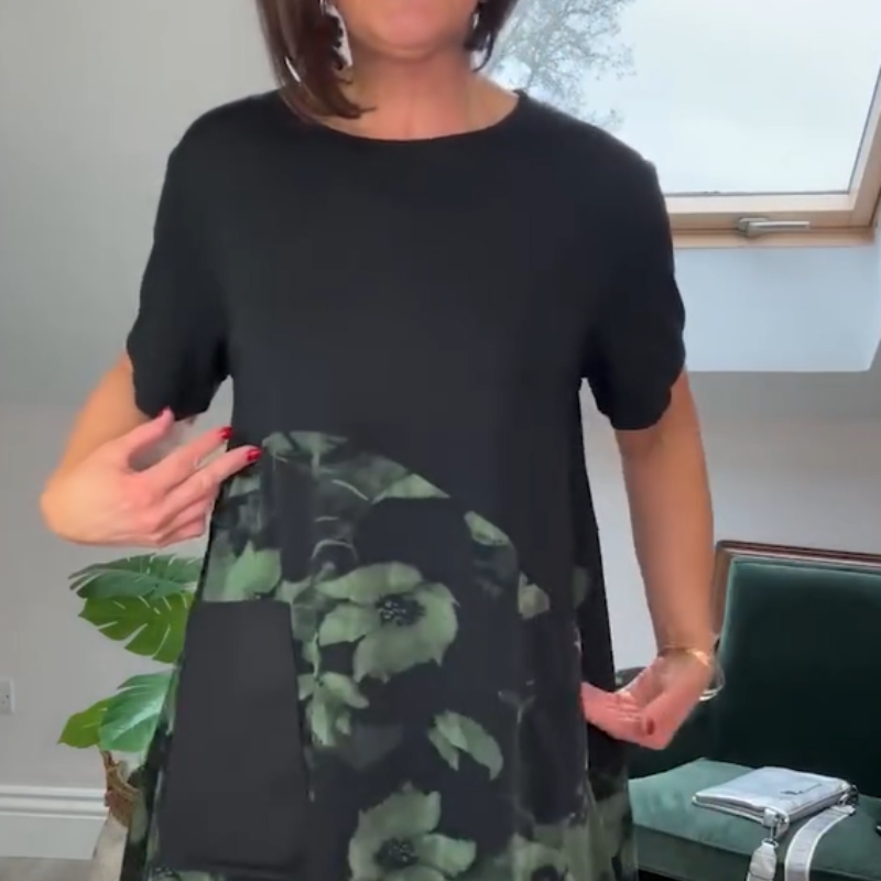 🌸Elegancka kieszonkowa sukienka z nadrukiem w liście z okrągłym dekoltem