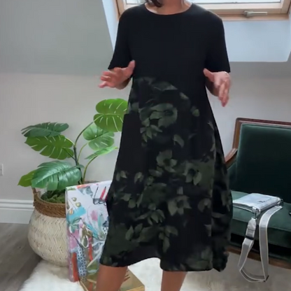 🌸Elegancka kieszonkowa sukienka z nadrukiem w liście z okrągłym dekoltem