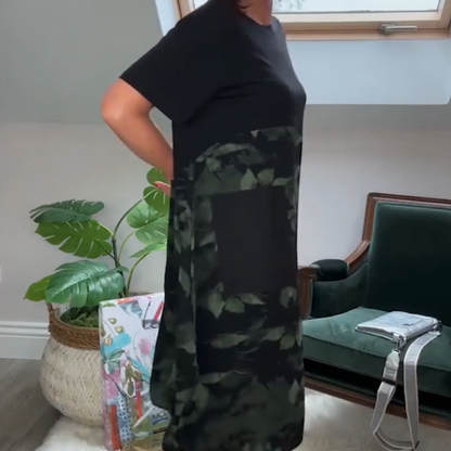 🌸Elegancka kieszonkowa sukienka z nadrukiem w liście z okrągłym dekoltem