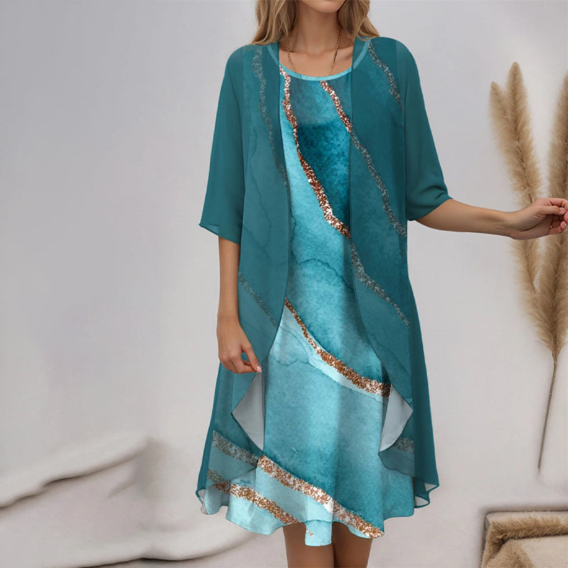 Elegancki 2-częściowy zestaw: bluzka z półrękawkiem + sukienka